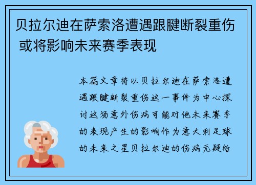 贝拉尔迪在萨索洛遭遇跟腱断裂重伤 或将影响未来赛季表现 贝拉尔迪在萨索洛遭遇跟腱断裂重伤 或将影响未来赛季表现